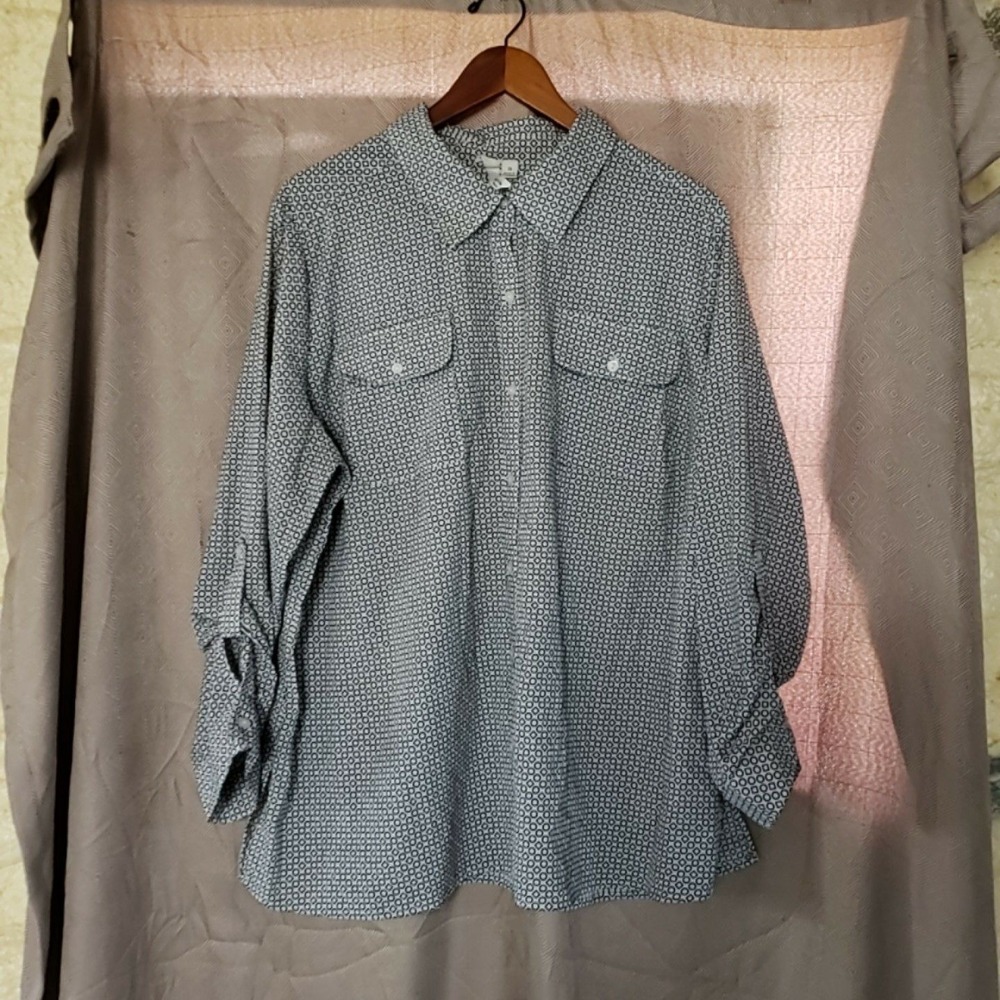 NY Collection Button Up Shirt Womens Plus 3X Black Geometric Roll Tab Sleeve Top